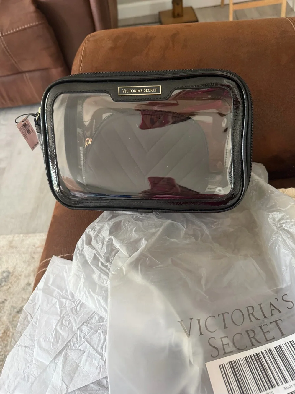 Victoria's Secret Clear Cosmetic Case with Black Trim and Gray Pouch